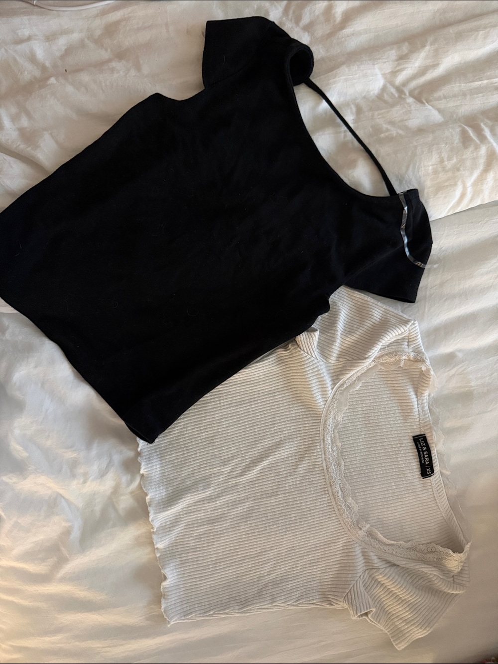 Black Short-Sleeve Crop Top and Cream Ribbed Lace-Trim Tee Set